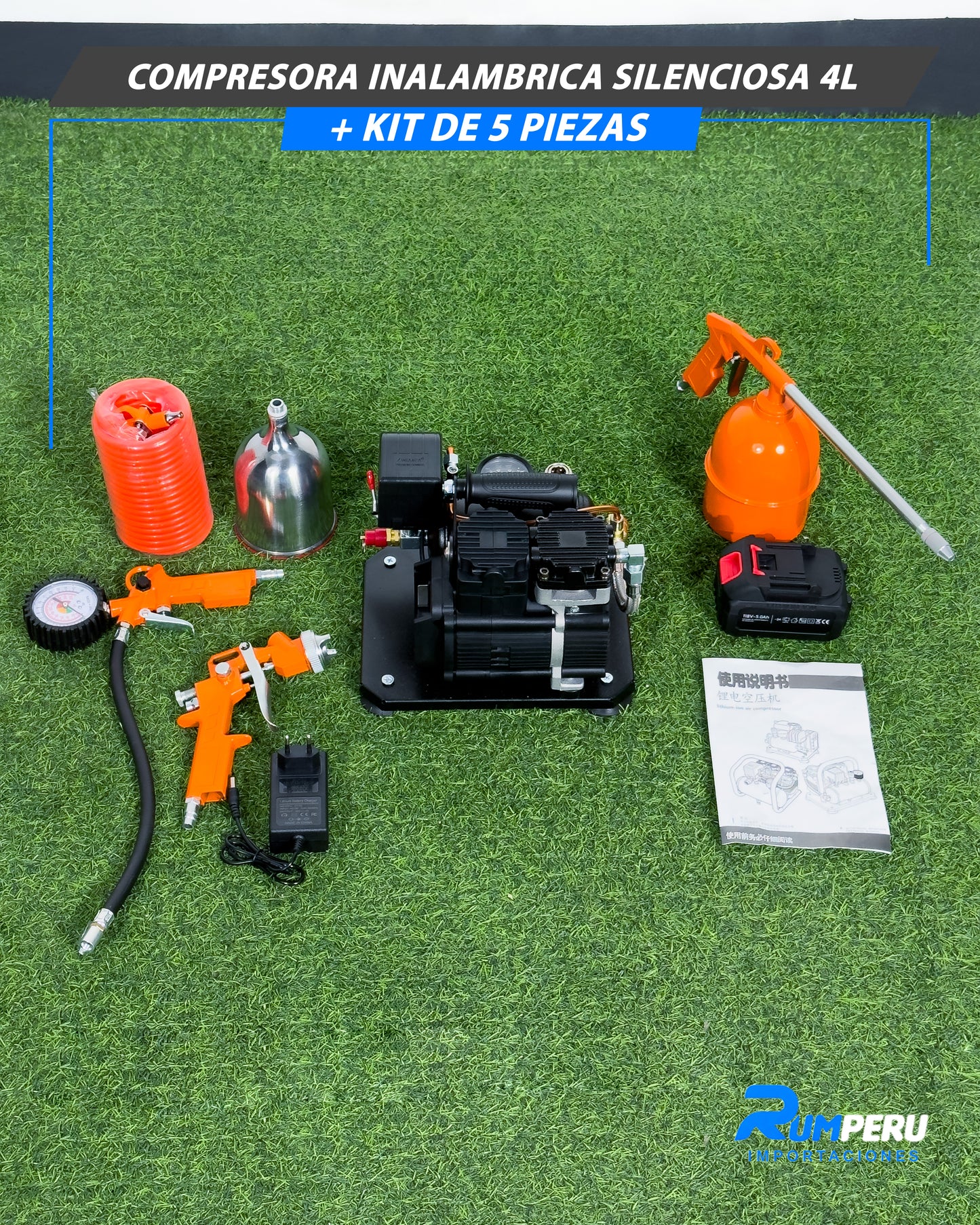 Compresora Inalámbrica Silenciosa 4L + Kit 5 Piezas