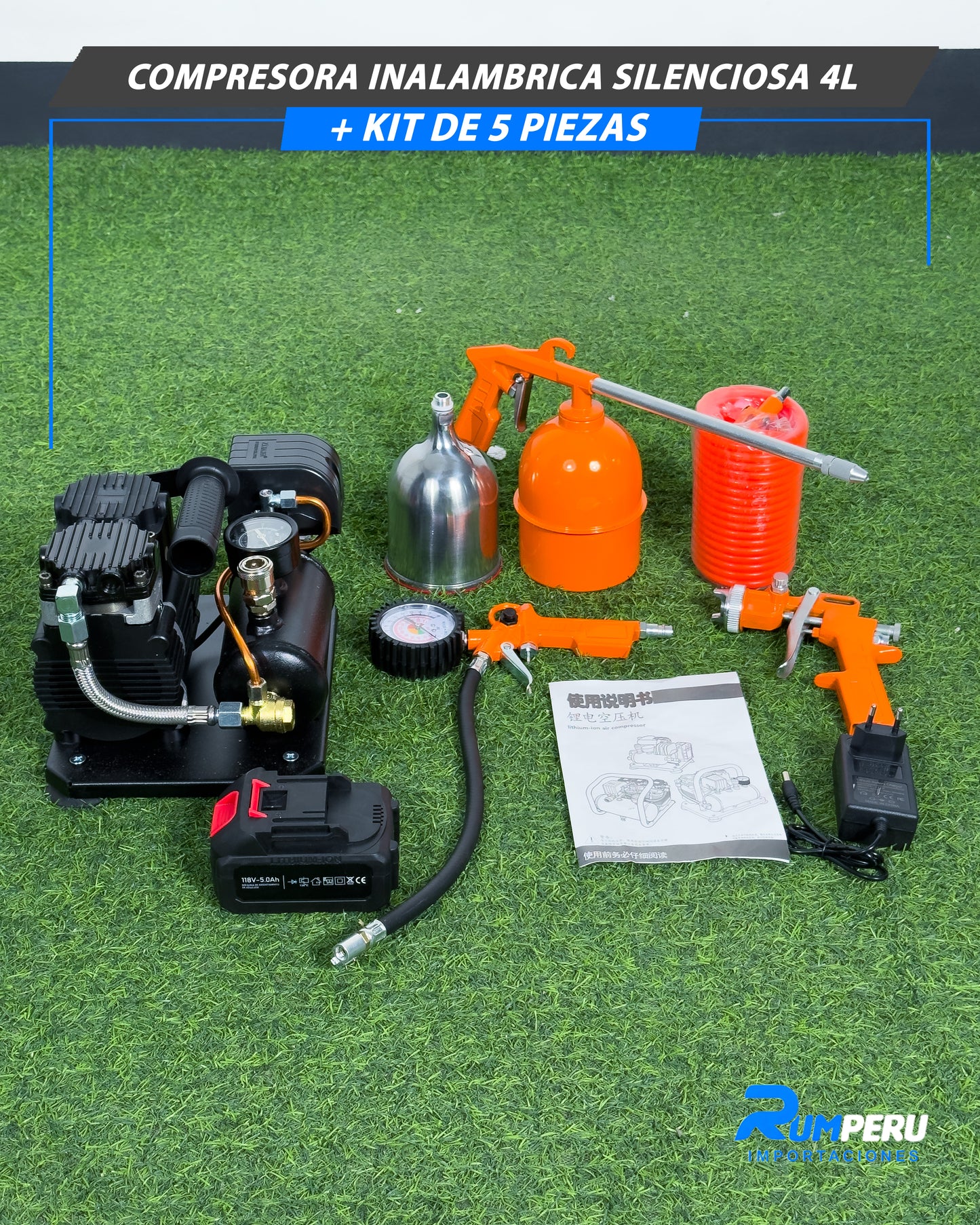 Compresora Inalámbrica Silenciosa 4L + Kit 5 Piezas