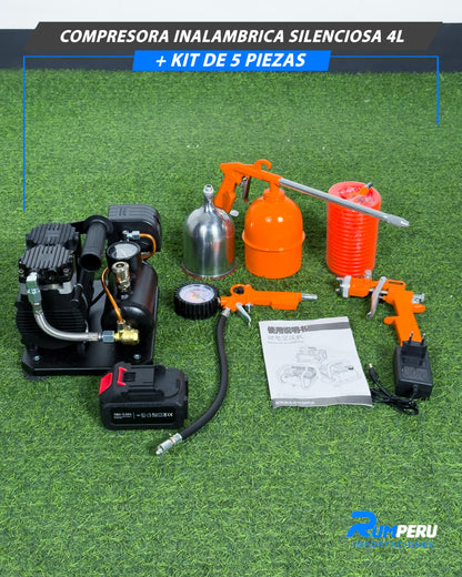 Compresora Inalámbrica Silenciosa 4L + Kit 5 Piezas